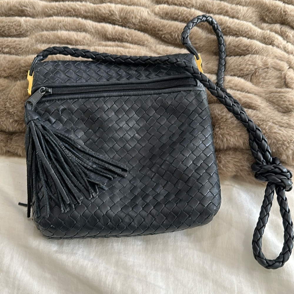 Black leather woven crossbody bag